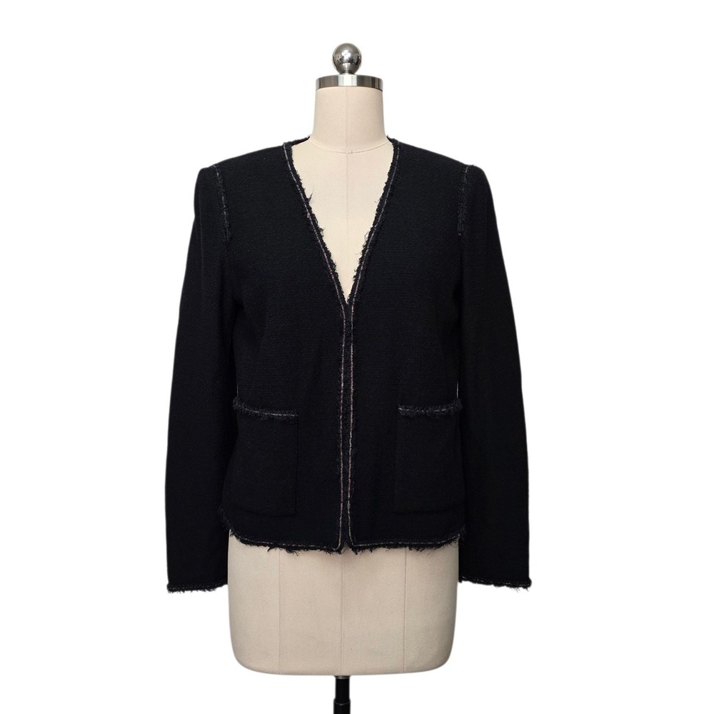 St. John Black Wool Blend Fringe Trim Knit Jacket Open Front Blazer Size 8